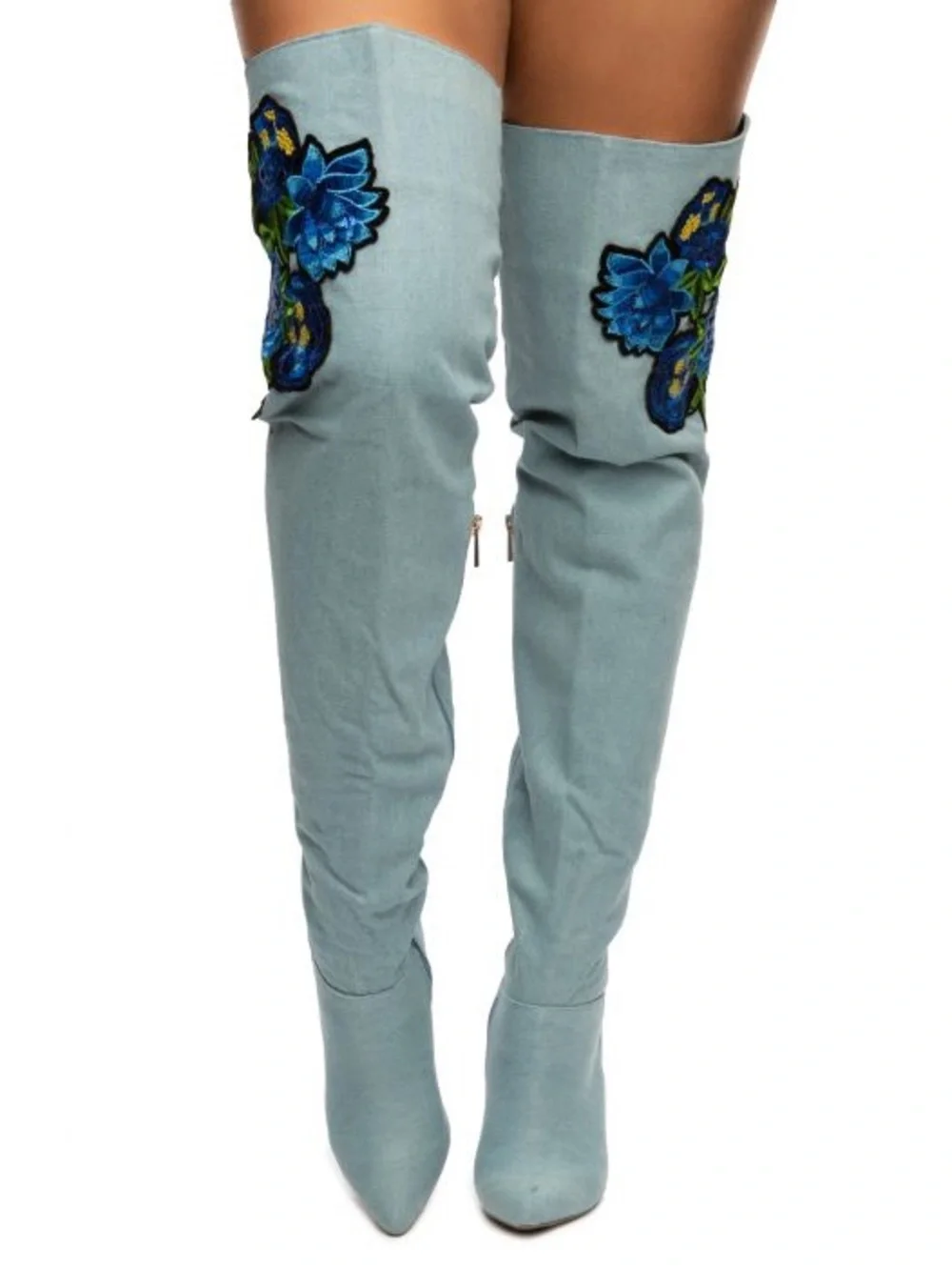 Blue Embroidered Denim Thigh high Stiletto Boots